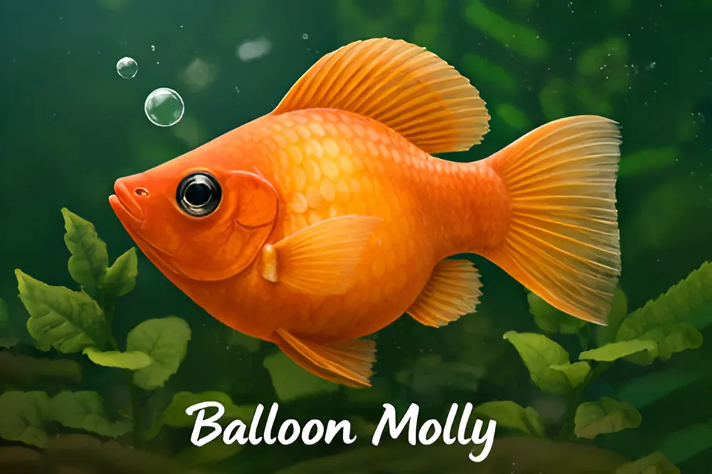Ikan Molly Balon dengan bentuk tubuh membulat dan warna oranye