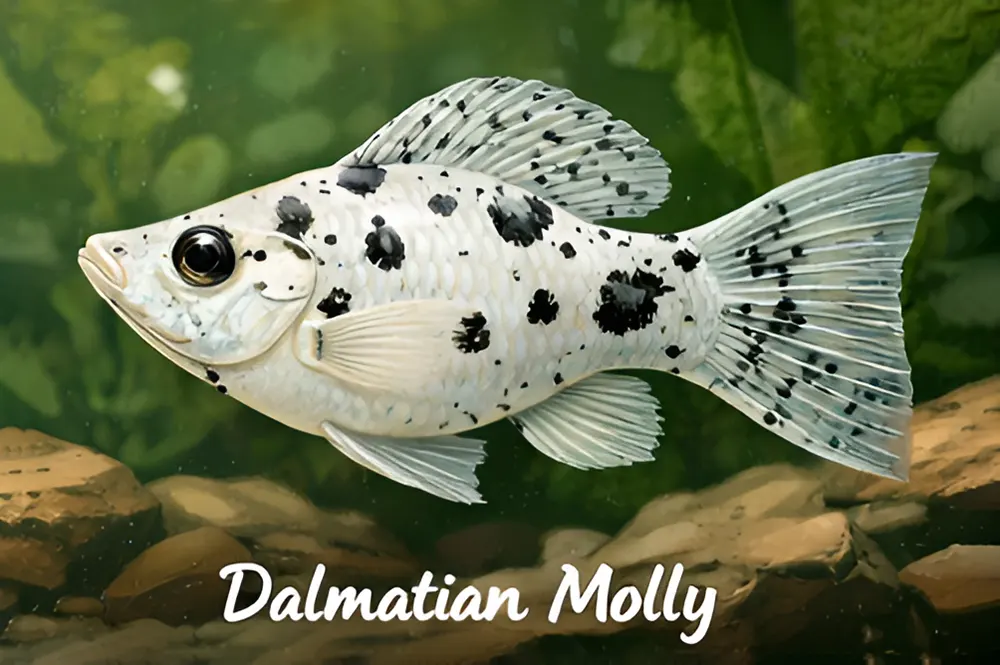 Ikan Molly Dalmatian dengan corak hitam-putih yang mencolok
