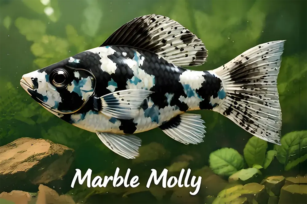 Ikan Molly Marble dengan pola warna marmer hitam, putih, dan oranye